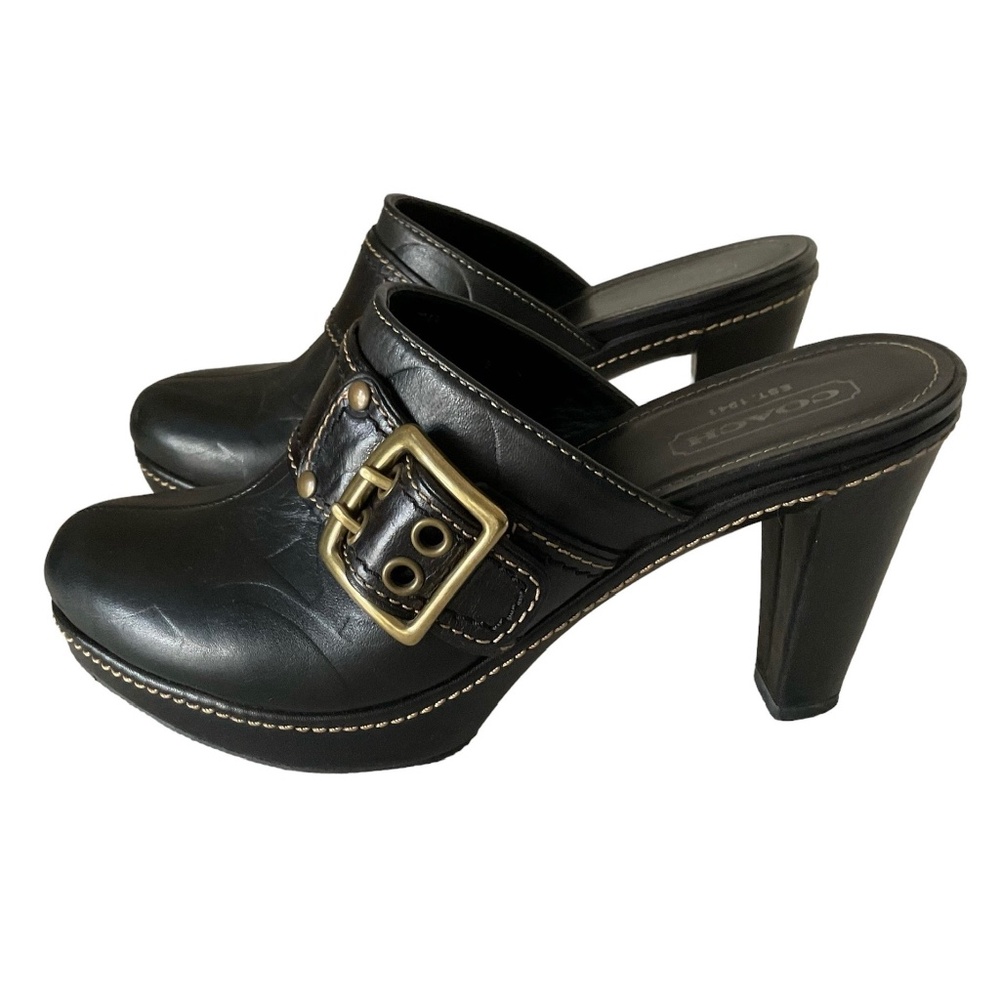 COACH - Clogs Size 7.5 - Signature Black Leather Platform Mules - High Heels